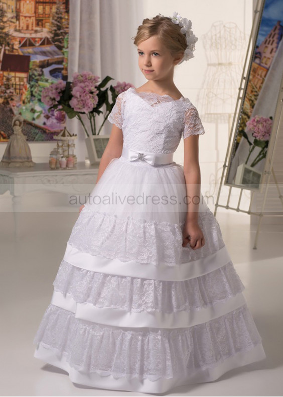 Short Sleeves White Lace Tulle Tiered Flower Girl Dress Short Sleeves White Lace Tulle Tiered Flower Girl Dress